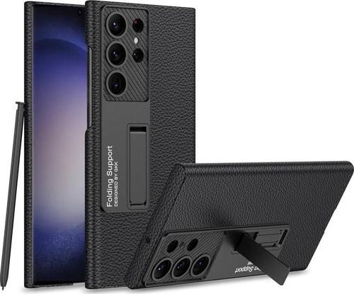 Galaxy S24 Ultra Kılıf Kılıf Karbonfiber Suni Deri Görünümlü Kıpta Standlı Kapak