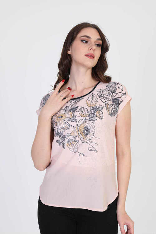 Kadın Çiçek Desenli Bluz 5010065 Pudra