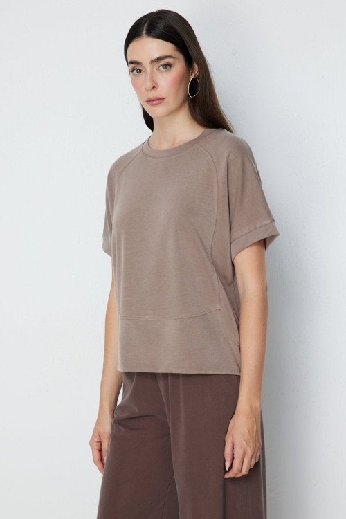 Kadın Sıfır Yaka Dikiş Detaylı T-Shirt 76429 Vizon