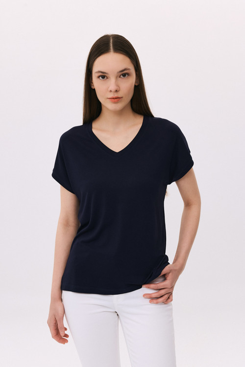 Kadın V Yaka Kısa Kollu Penye T-Shirt 6201 Lacivert