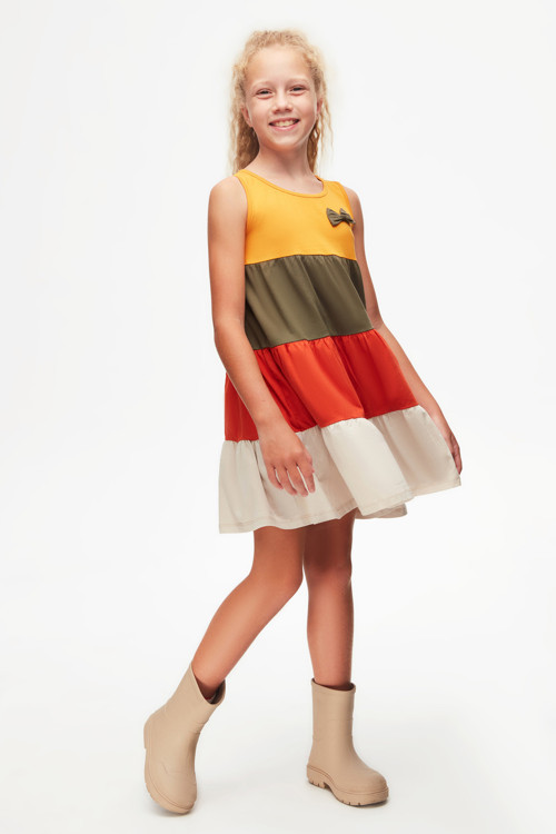 Kadmium Sarı Taş Renkli Kat Kat Kız Çocuk Askılı Elbise