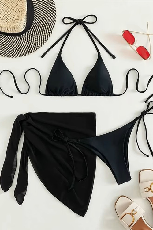 Pareolu Bağlamalı 3'lü Bikini Takım Set (Çıkartılabilir Kaplı)