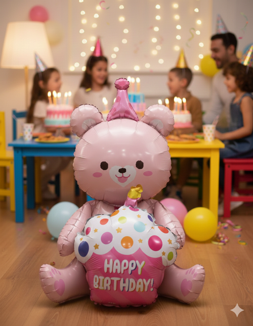 92x73 Cm – Folyo Balon Oturan Ayı Cupcakeli Pembe Parti ve Doğum Günü Balonu