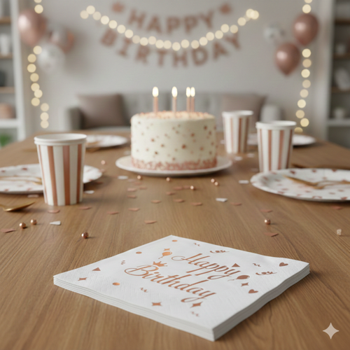 20'li Happy Birthday Peçete - Varaklı Beyaz Rose Gold Baskılı