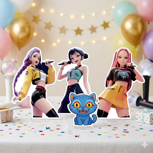 K-POP 4'lü Ayaklı Pano Seti Demon Hunter Huntrix Zoey Mira Rumi Derpy Tiger Masaüstü Set