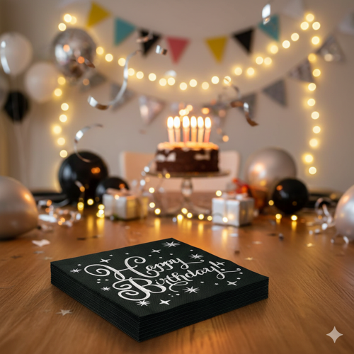 Varaklı Happy Birthday Yazılı Peçete - Siyah Zemin Gümüş Baskı 20'li