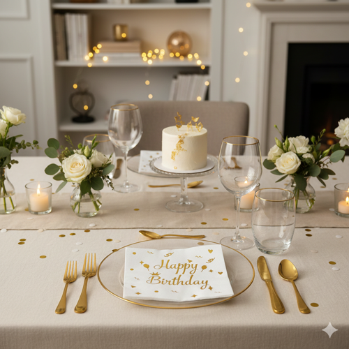 Varaklı Happy Birthday Beyaz Gold Baskılı Peçete 20'li Doğum Günü Parti Peçetesi