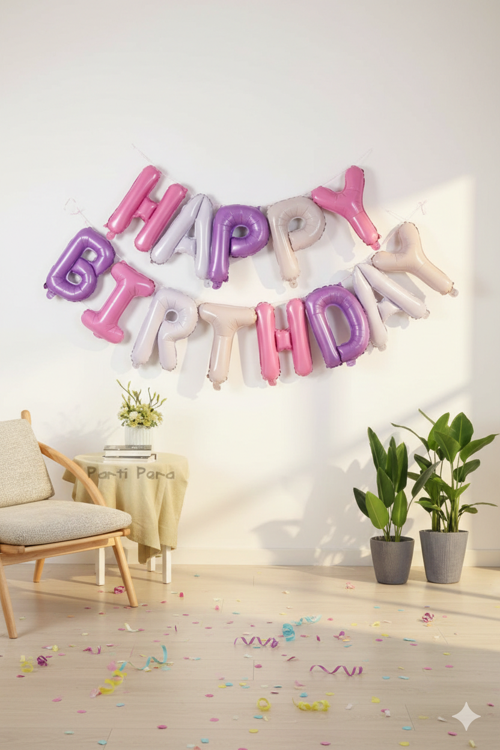 35 cm Happy Birthday Pembe Mor Harf Folyo Balon Seti - Doğum Günü Parti Dekorasyonu