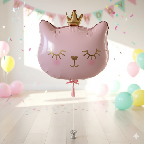 56x49 cm Pembe Kedi Kafası Taçlı Folyo Balon 30 İnç - Doğum Günü Parti Dekorasyon Balonu
