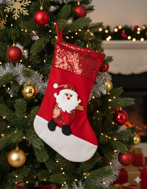 38 cm Pullu Noel Baba Desenli Lüks Yılbaşı Çorabı – Büyük Boy Ağaç ve Ev Dekor Süsü