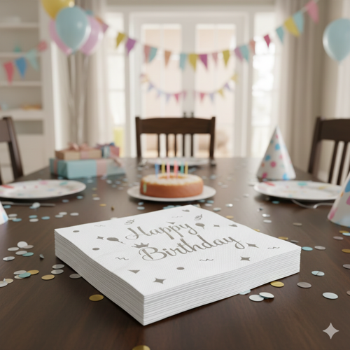 20'li Happy Birthday Peçete - Varaklı Beyaz Gümüş Baskılı