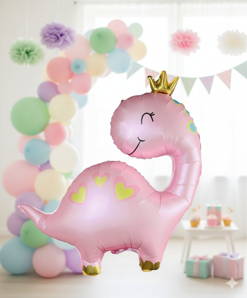 Folyo Balon Pembe Dinozor Taçlı Kaplı 96x67 cm Büyük Boy Parti ve Doğum Günü Balonu