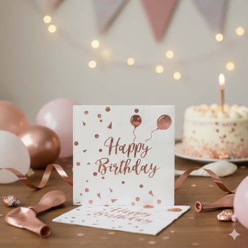 Varaklı Happy Birthday Yazılı Peçete - Beyaz Zemin Rose Gold Baskı