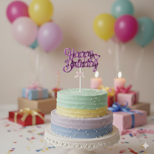 Happy Birthday – Pasta Süsü Krom Yazı Kürdanlı Pembe Dekoratif Süs