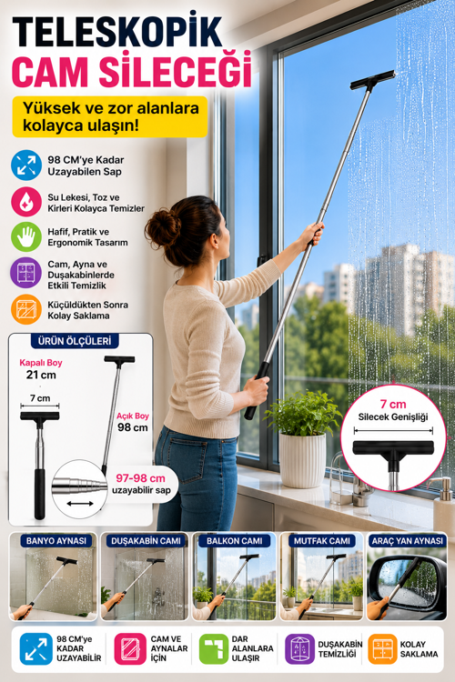 Teleskopik Cam ve Ayna Sileceği 98 cm Uzayabilir Saplı Duşakabin Balkon Cam Temizleyici Ev Tipi Evsel