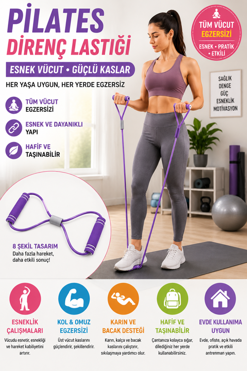 Pilates Direnç Lastiği 8 Şekilli Egzersiz Bandı Evde Spor Fitness Esneme ve Duruş Destekli