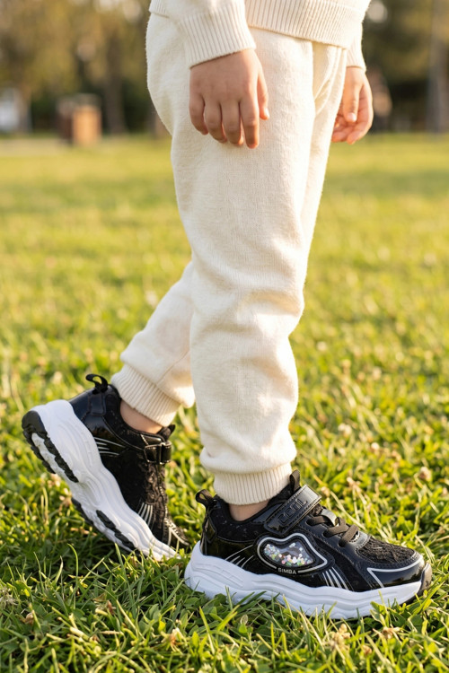 Minio Işıltılı Kız Çocuk Siyah Spor Ayakkabı - Simli Pul Detaylı