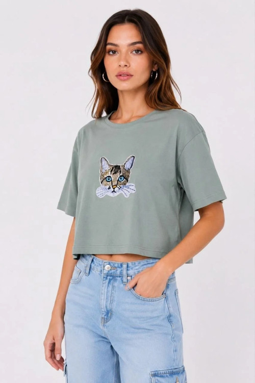 Kadın Kedi Baskılı Oversize Crop Tişört Salaş Basic Yarım Kol T-shirt - Mint Yeşili