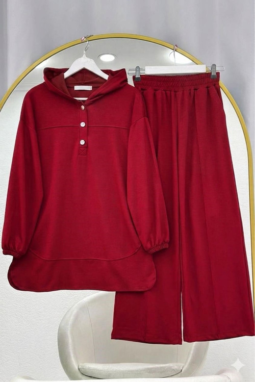 Kapüşonlu Düğme Detaylı Pantolonlu Takım Bordo