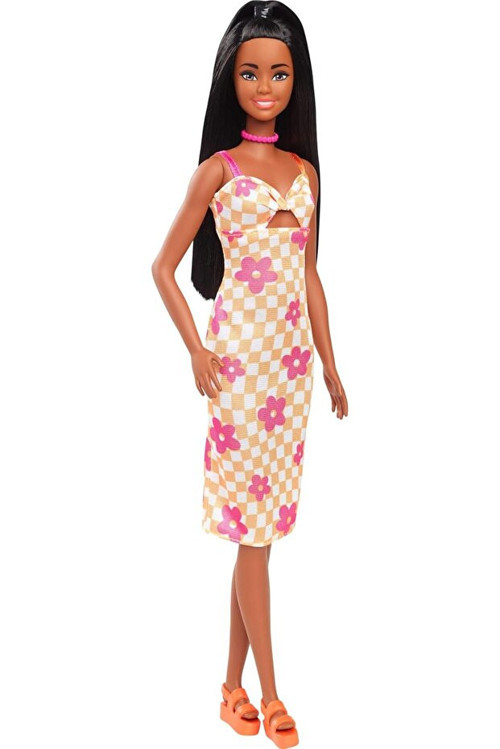 Bebek Kareli Ve Çiçekli Midi Elbisesiyle Siyah Saçlı Fashionistas Bebek Hyt91