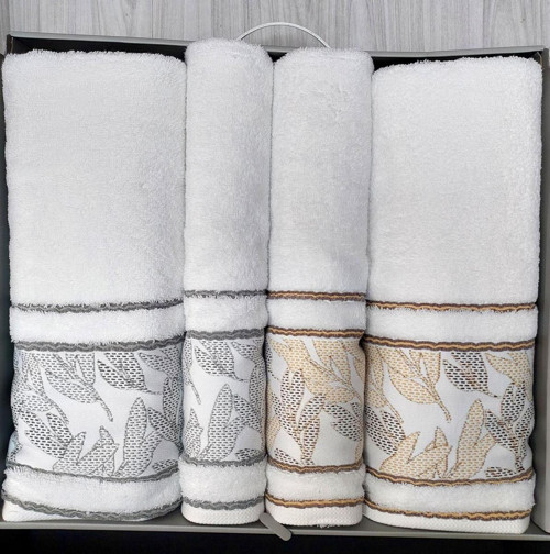 4 Parça Hamam Seti -Frond Gri Kahve- (Banyo Havlusu Büyük Boy), Havlu Seti