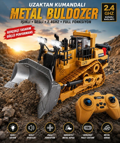 Uzaktan Kumandalı Metal Buldozer Işıklı Sesli 2.4GHz Full Fonksiyon Profesyonel İş Makinesi
