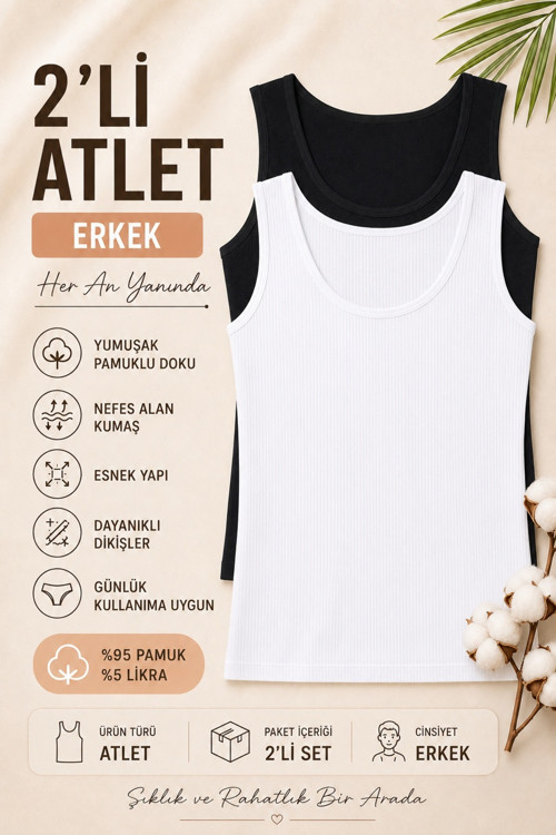 Erkek Atlet Fitilli Kaşkorse Ribana Geniş Askılı 2 li Paket Pamuklu Likralı Siyah-Beyaz