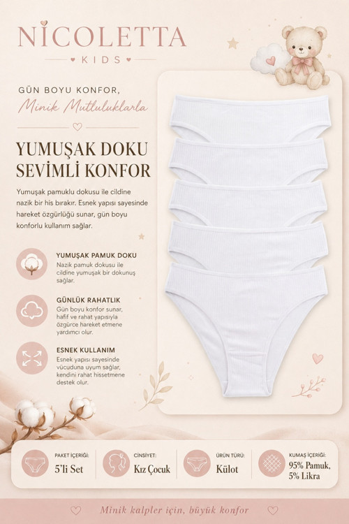 Kız Çocuk Külot 5 li Paket Likralı Fitilli Pamuklu Kaşkorse Garson Beyaz