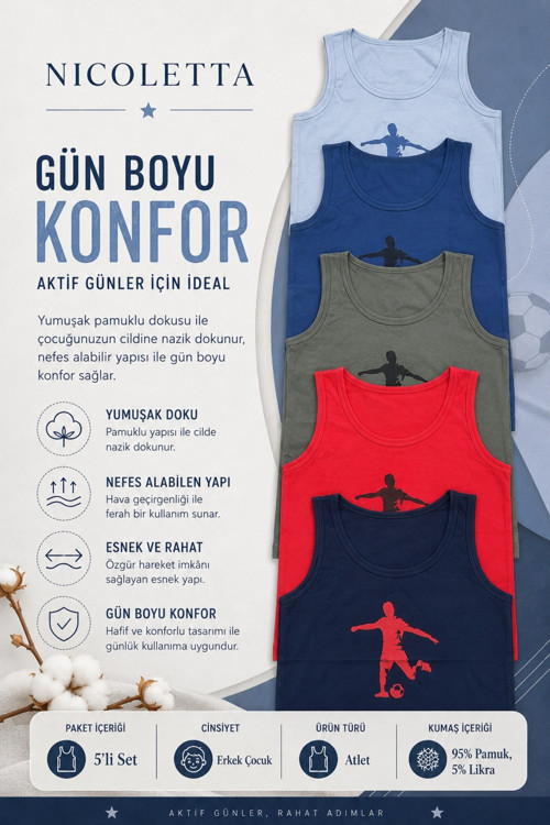 Erkek Çocuk Atlet Geniş Askılı Baskılı Futbolcu Pamuklu Likralı Garson Tişört