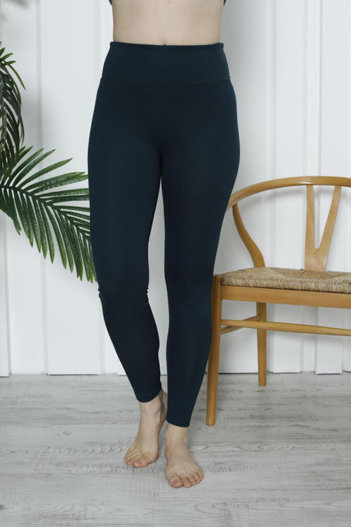 Kadın Yüksek Bel Toparlayıcı Tayt Kaşkorse Fitilli Polyester Petrol Yeşili