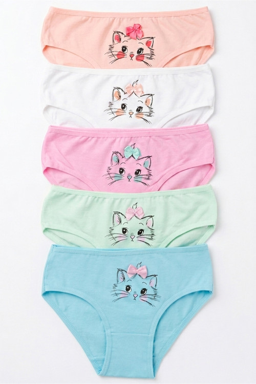 Kız Çocuk Külot 5 Li Paket Pamuklu Likralı Kedi Baskılı