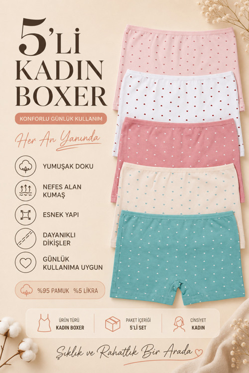 Kadın Boxer Külot 5 Li Paket Pamuklu Likralı Kalpli