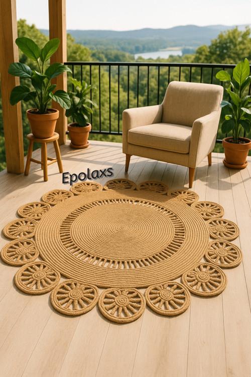 Jüt Hasır Görünümlü Halı Yuvarlak Halı, Bohem Tarz Kilim, Salon Oturma Odası Halısı, Jüt Halı