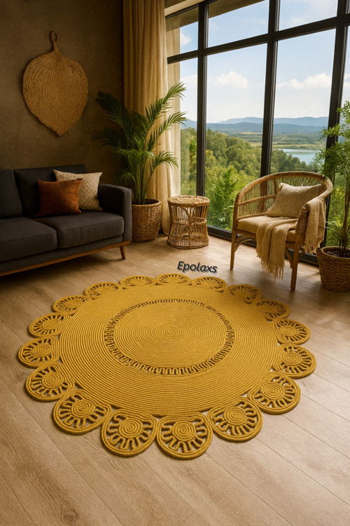 Jüt Hasır Görünümlü Halı Yuvarlak Halı, Bohem Tarz Kilim, Salon Oturma Odası Halısı, Jüt Halı