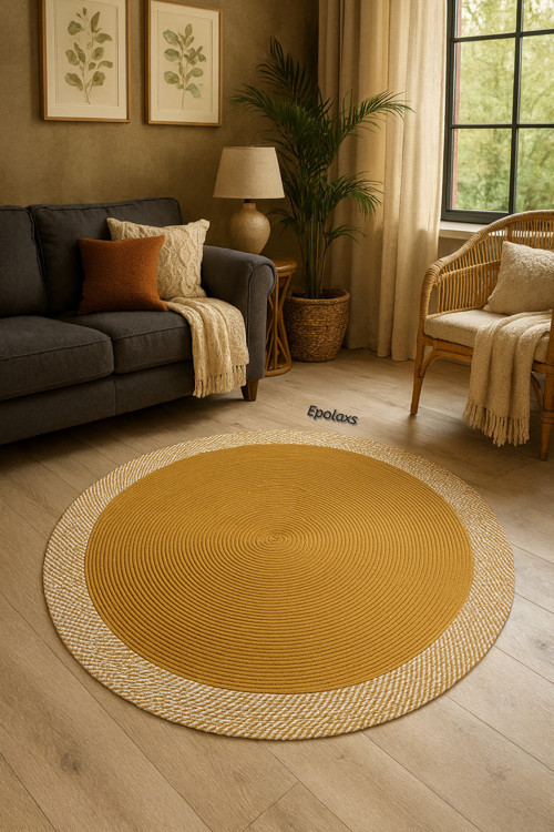 Jüt Hasır Görünümlü Halı Yuvarlak Halı, Bohem Tarz Kilim, Salon Oturma Odası Halısı, Jüt Halı
