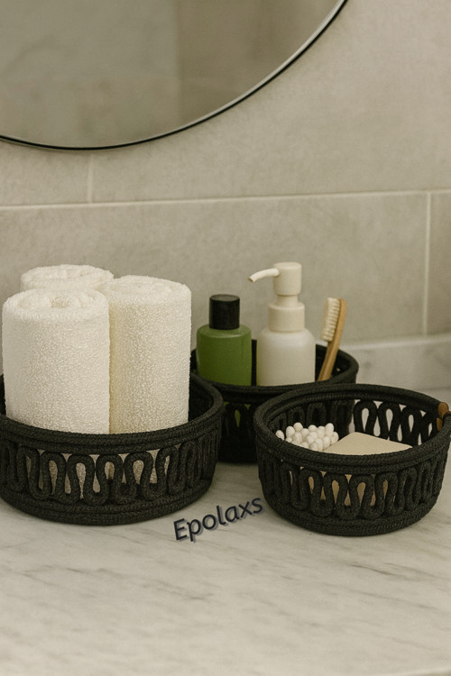 El Yapımı Jüt Hasır 3’Lü Banyo Sepeti Seti Dekoratif Organizer Sepet Takımı Havlu Düzenleyici Bohem Banyo Sepeti