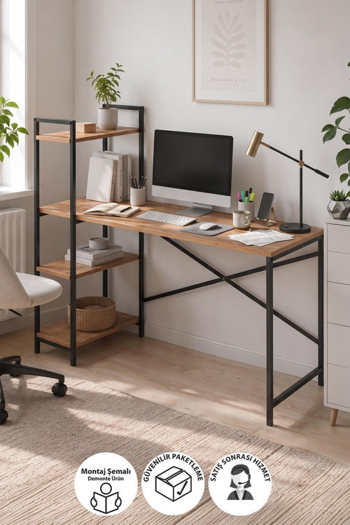 120X55 Cm Raflı Çalışma Masası Bilgisayar Masası Ofis Masası Ders Masası Cervantes Çam