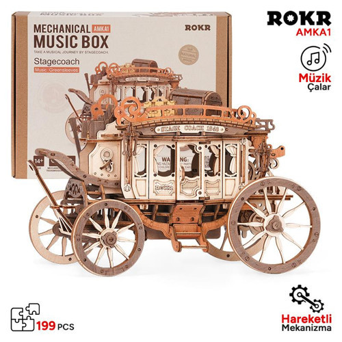 AMKA1 Müzik Kutusu Stage Coach Music Box DIY Mechanical 3D Wooden Puzzle Maket Model Seti 3D Model Kit Ahşap Maket