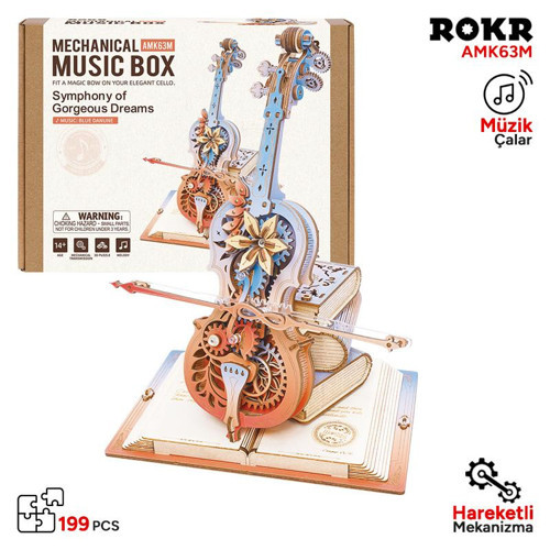 AMK63M Çello Müzik Kutusu Symphony of Gorgeous Dreams Music Box DIY Mechanical 3D Wooden Puzzle Maket Model Seti