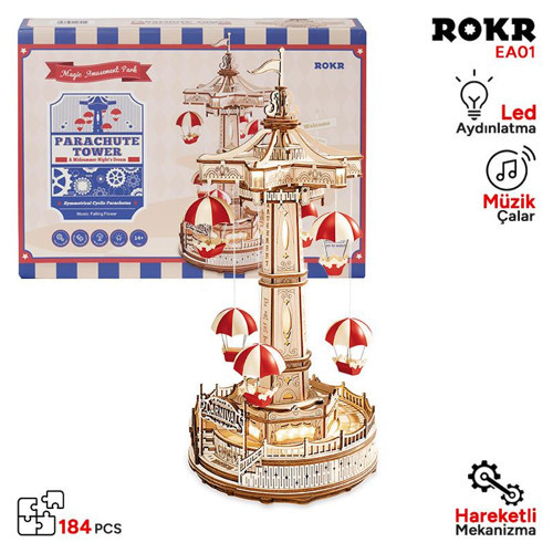 EA01 Müzik Kutusu Parachute Tower Music Box DIY 3D Wooden Puzzle Maket Model Seti Model Kit Ahşap Maket Hareketli