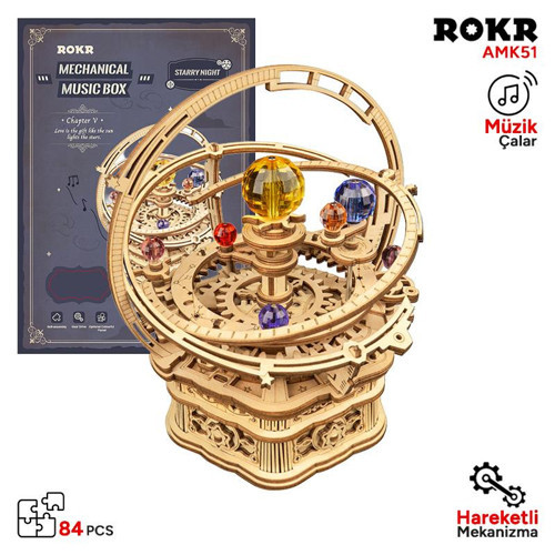 AMK51 Müzik Kutusu Starry Night Music Box DIY Mechanical 3D Wooden Puzzle Maket Model Seti 3D Model Kit Ahşap Maket