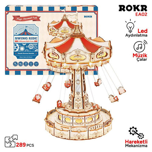 EA02 Dönme Dolap Müzik Kutusu (Swing Ride) Music Box DIY 3D Wooden Puzzle Maket Model Seti 3D Model Kit Ahşap Maket