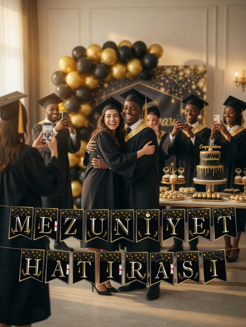 Mezuniyet Hatırası Banner Siyah Gold İpli Parti Süsü Dekorasyon Afişi