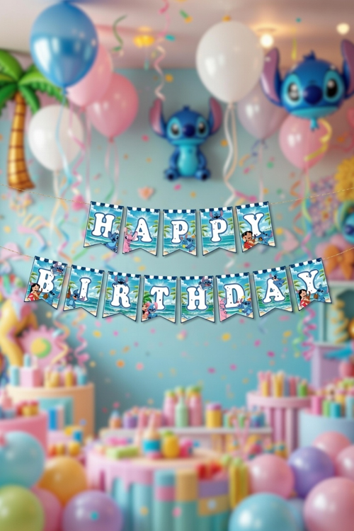 Happy Birthday Stitch Bayraklı Banner 17x170 Cm Doğum Günü Parti Süsü