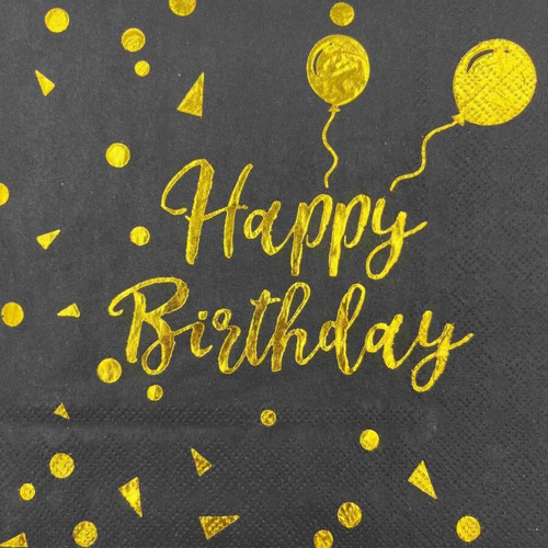 Peçete Varaklı Happy Birthday yazı siyah üstü gold