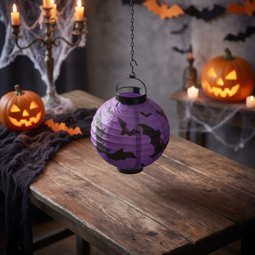 Halloween Pilli Japon Feneri 20 cm Mor Yarasa Desenli Cadılar Bayramı Dekor Süsleme