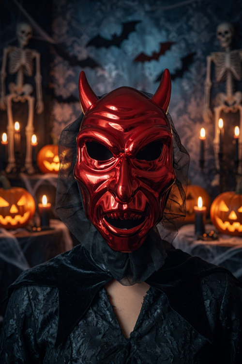Halloween Cadılar Bayramı Şeytan Maskesi Kırmızı Metalik Tüllü Korku Parti Aksesuarı