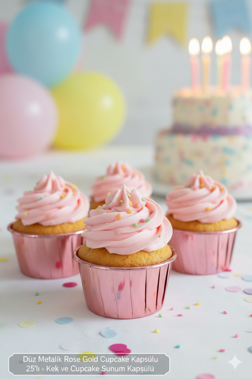 Düz Metalik Rose Gold Cupcake Kapsülü 25'li - Kek ve Cupcake Sunum Kapsülü