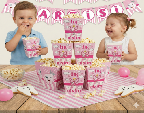 8 ADET - Mısır Kutusu Popcorn Diş Partisi Kız Pembe Diş Buğdayı Parti Seti