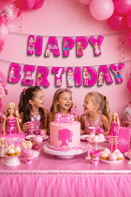 Barbie Happy Birthday Yazı Banner Kız Çocuk Doğum Günü Parti Süsü Dekoru